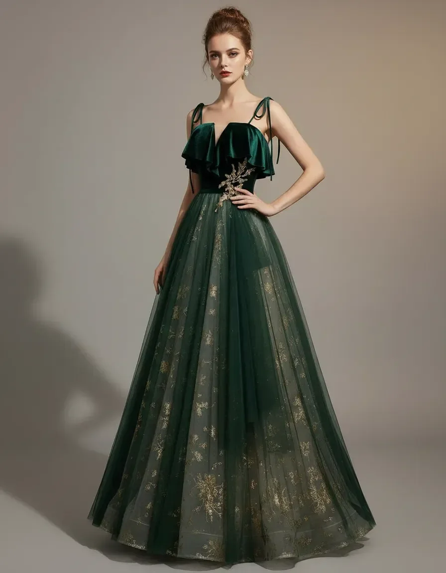 Vestido de Noche con Top de Terciopelo Verde Esmeralda y Falda de Tul con Bordado Dorado para Invitadas de Boda, Graduación, Cumpleaños, Banquete