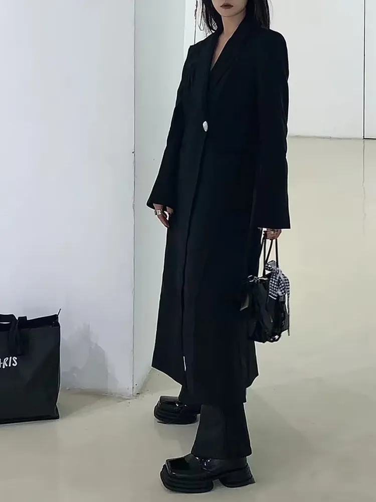 BPN Temperament Black Blazers For Women Nothced Collar Long Sleeve Spliced Single Button Minimalist Long Blazer Female Fashion