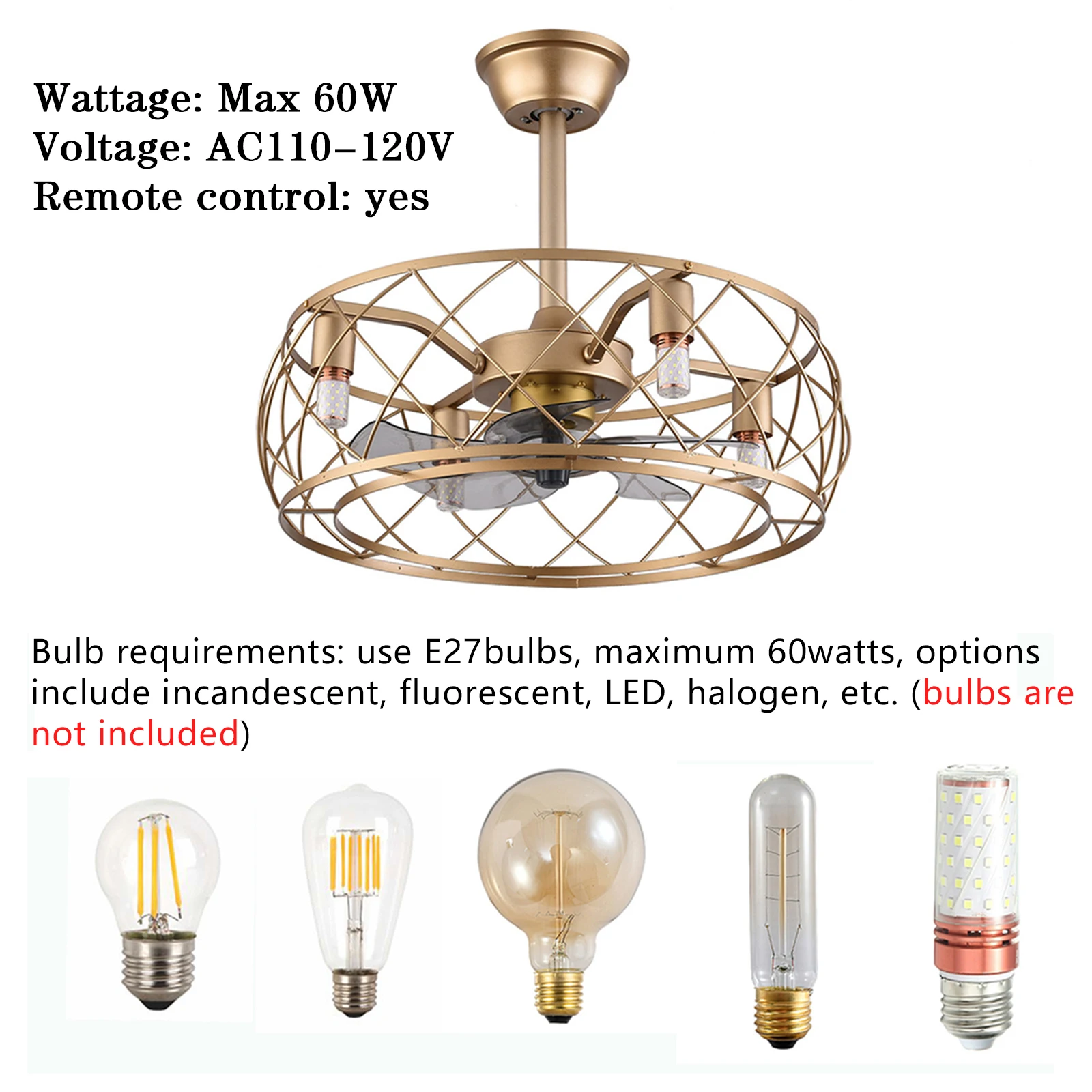 Retro Led Ceiling Fan Light Caged Invisible Blades Remote Chandelier 3 Gear Wind