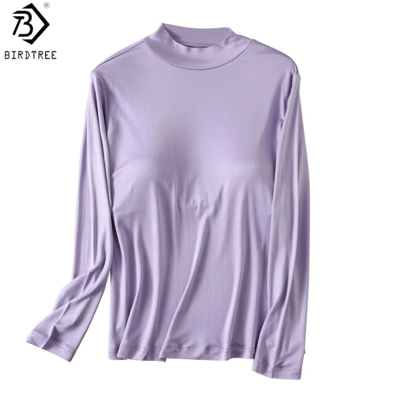 Birdtree, 100% Real Silk Knitted Undershirt, Mock Neck Long Sleeve Tops, Women's 2026 Autumn Shirt, With Breasted Pads T6O303JF