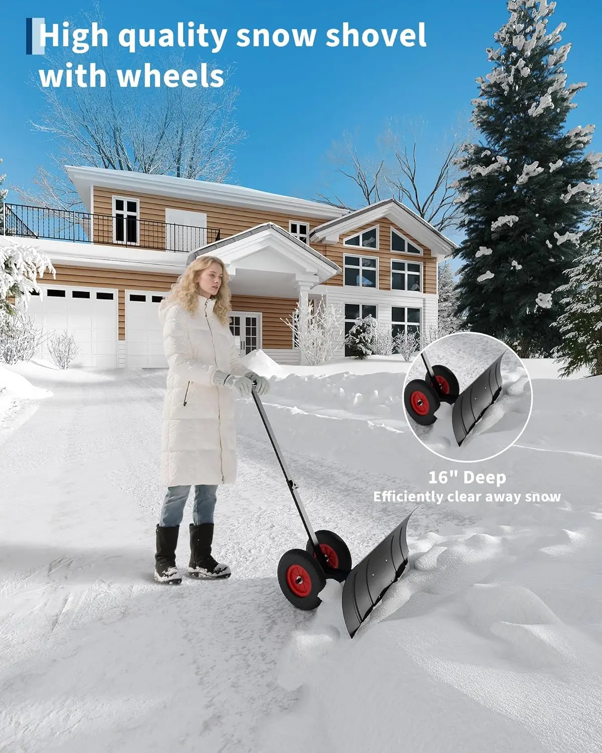 Snow Shovel with Wheels,Heavy Duty Snow Pusher for Driveway, Efficient Snow Removal,Adjustable Snow Pusher,Height Handle