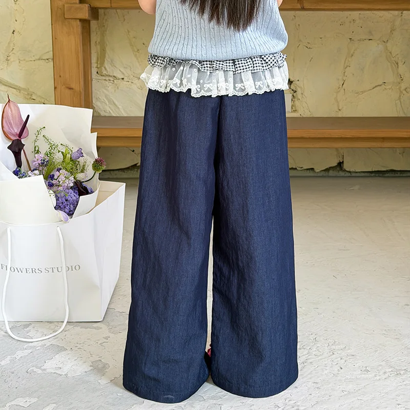 Girls Soft Supple Lightweight Delicate Mosquito Pants Korean Sweet Style Double Layer Lace Trim Straight Pants