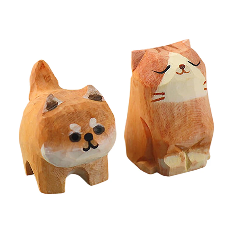 Cute Mini Wooden Bear Solid Wood Hand Carved Bear Cat Dog Figurines Miniature Animal Crafts Ornaments Tabel Decorate Kids Gifts
