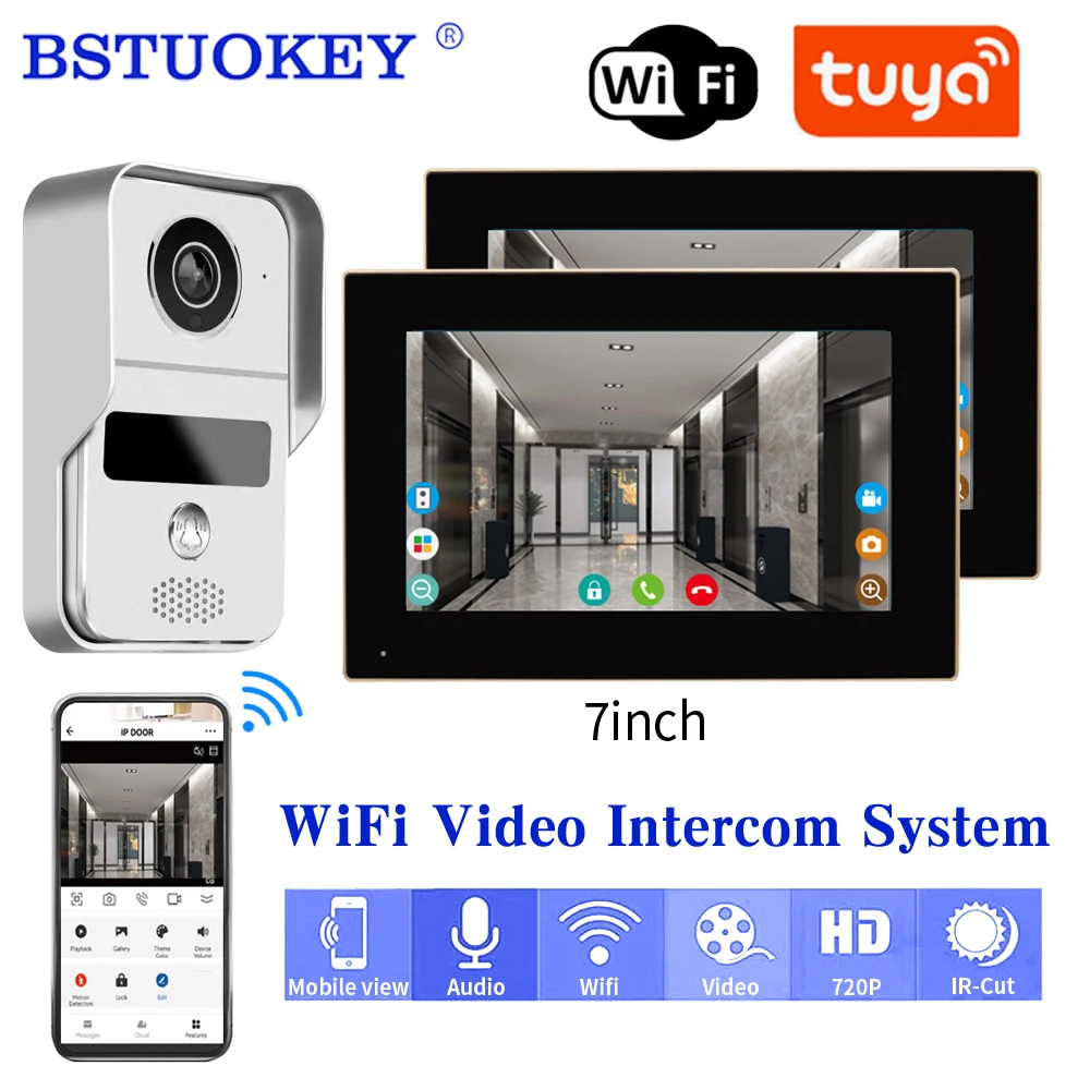 Tuya wi fi inteligente campainha de vídeo em casa intercom telefone 1080p rfid visor da porta sem fio câmera intercom 7 polegada tela movimento registro