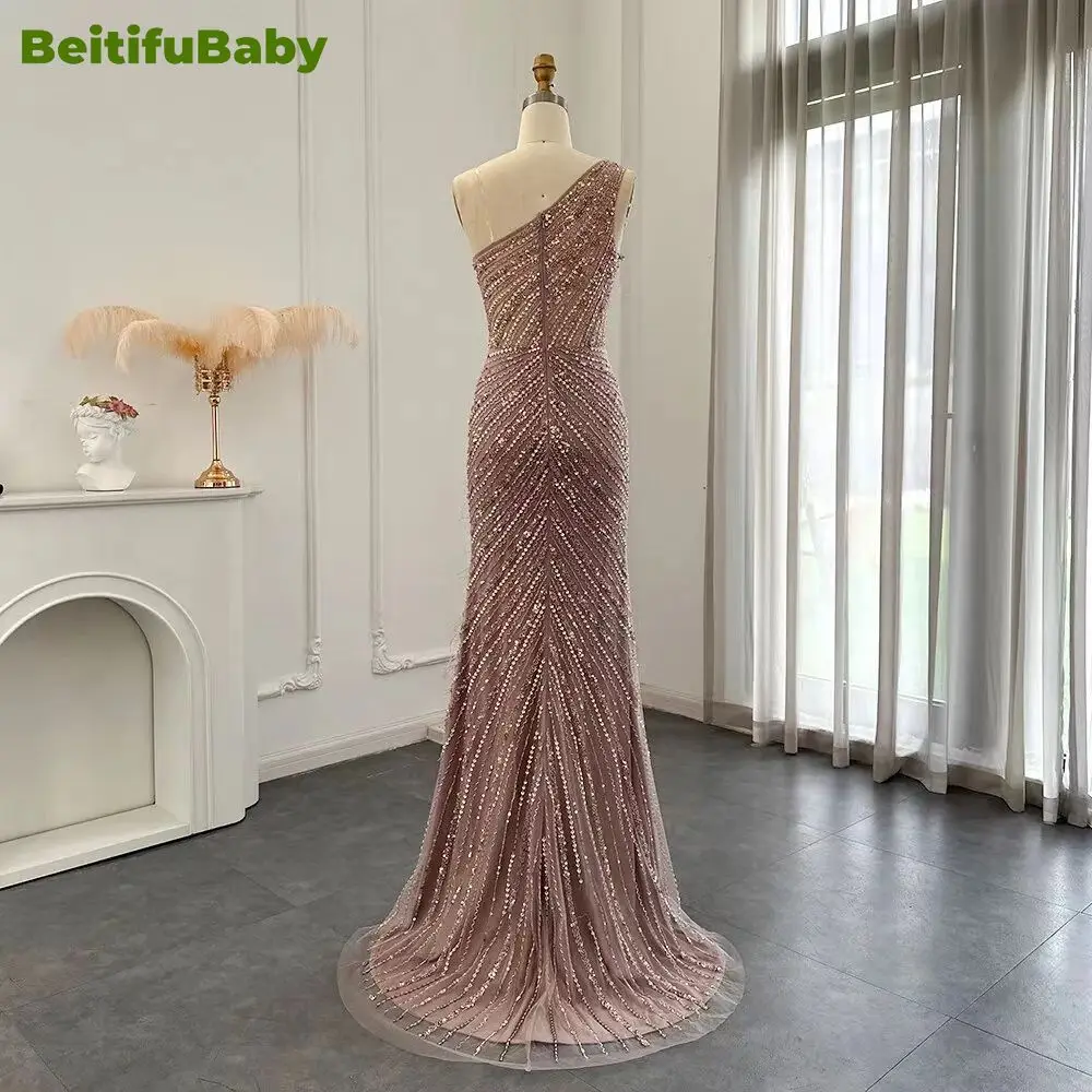 BeitifuBaby Women\'s Evening Dress Elegant Arabic One Shoulder Feather Sequins Waist Tight Slimming Dubai Party Dresses for Women