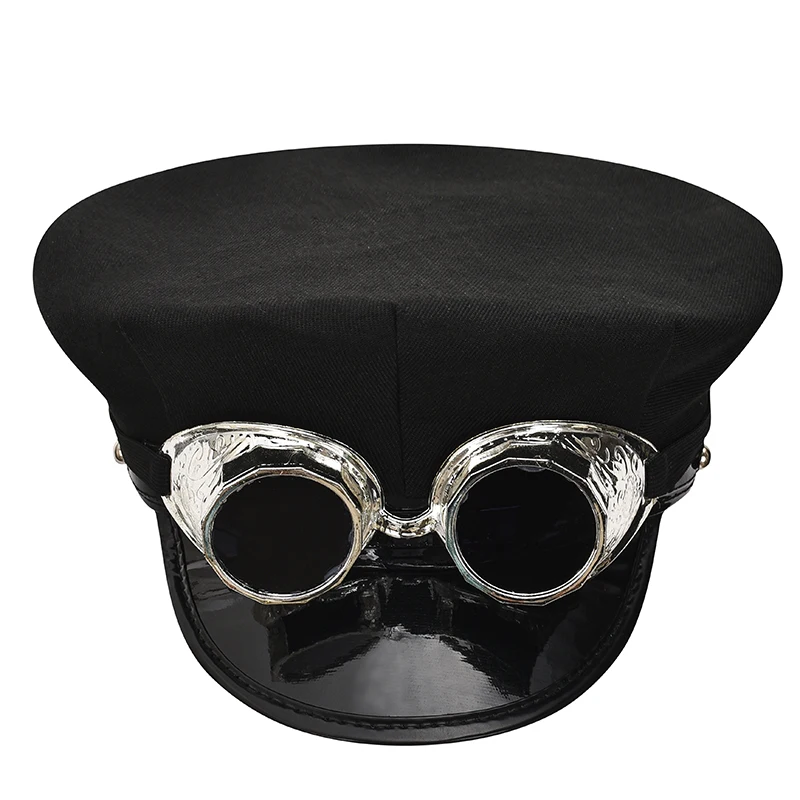 Men & Women Black Gothic Police Hat With Silver Goggles Steampunk Cosplay Accessories Anime Halloween Props For Party Club Wear