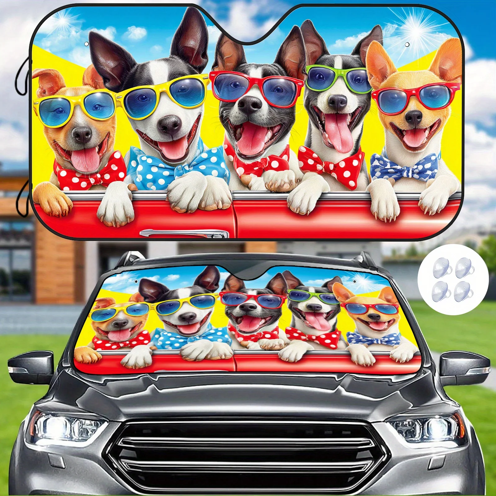 Cute Dog Car Windshield Sunshade: Five Cheerful Dogs Wearing Colorful Fashion Glasses, Easy To Install, Includes Suction Cups Fo