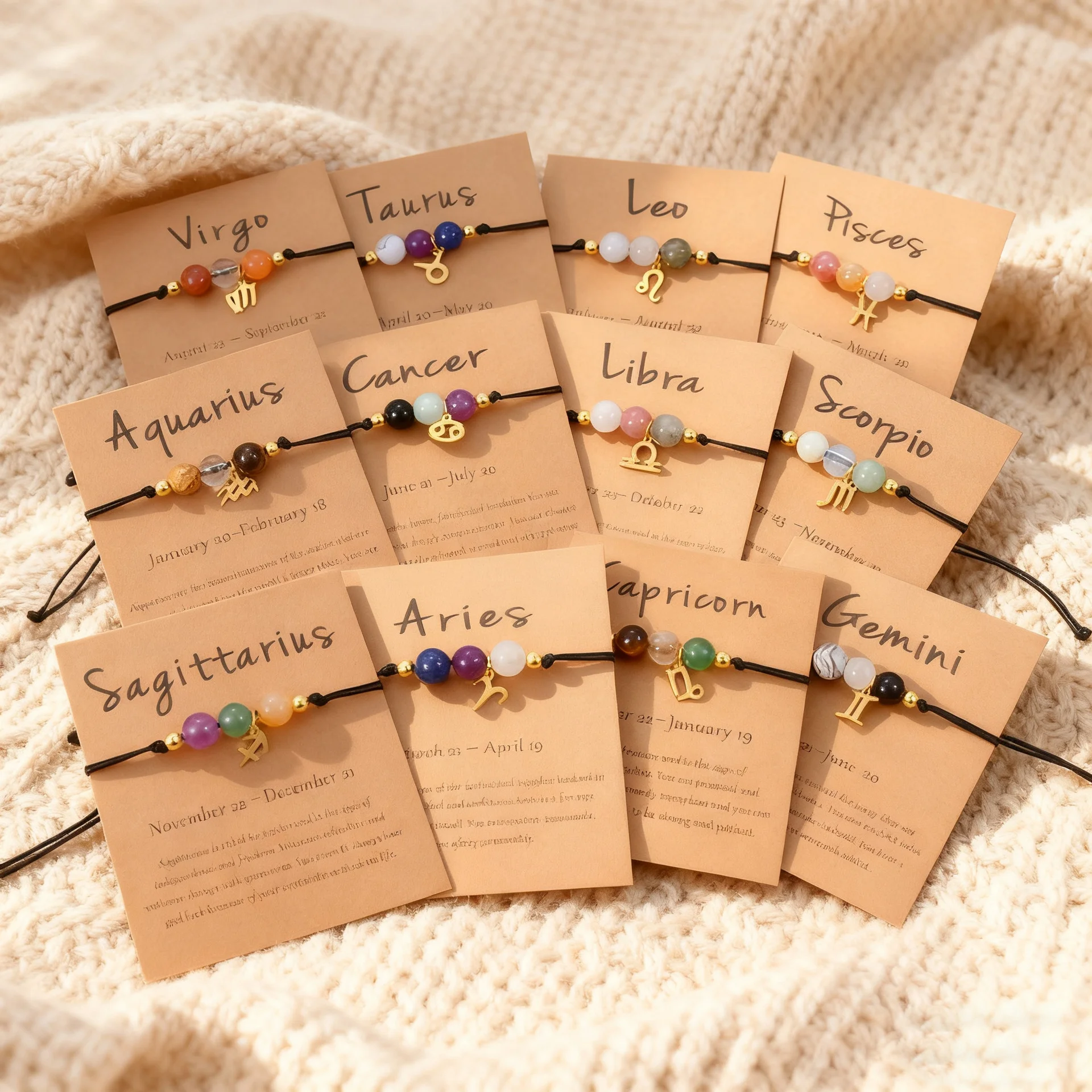 Handmade 12 Zodiac Signs Natural Stone Charms Bracelet for Women Men Braided Card Paper Bracelet Leo Virgo Libra Gift Adjustable
