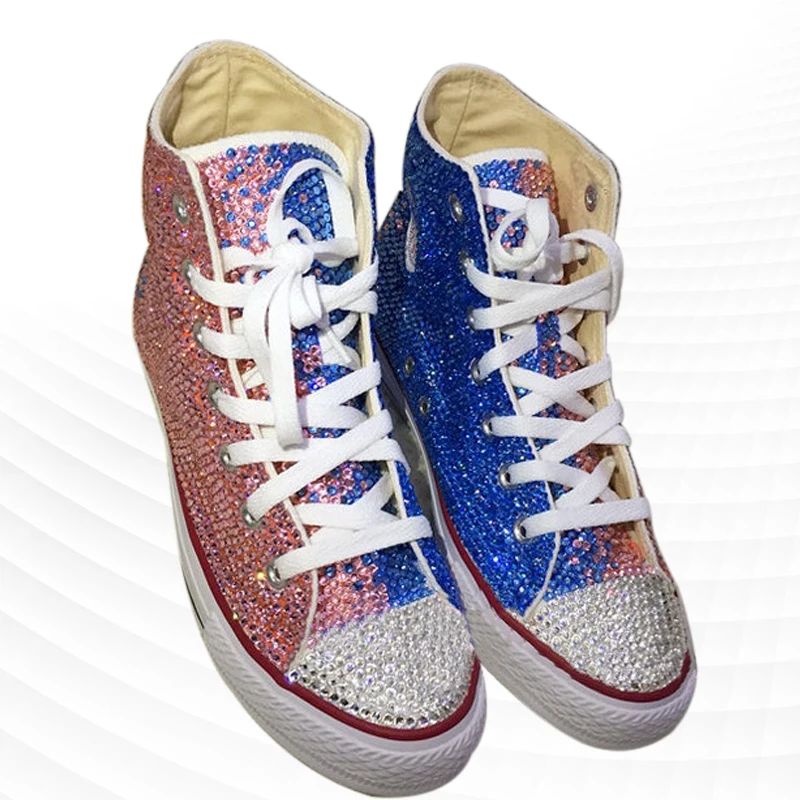 Double spell blue pink high-top canvas shoes comfortable walking sneakers comfortable handmade rhinestone vulcanized shoes 35-46