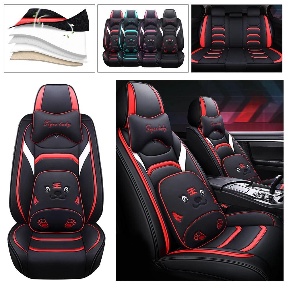 5-Seater Luxury Cartoon Design Red Universal Seat Cover Including Standard Waterproof Headrest And Lumbar Pillow