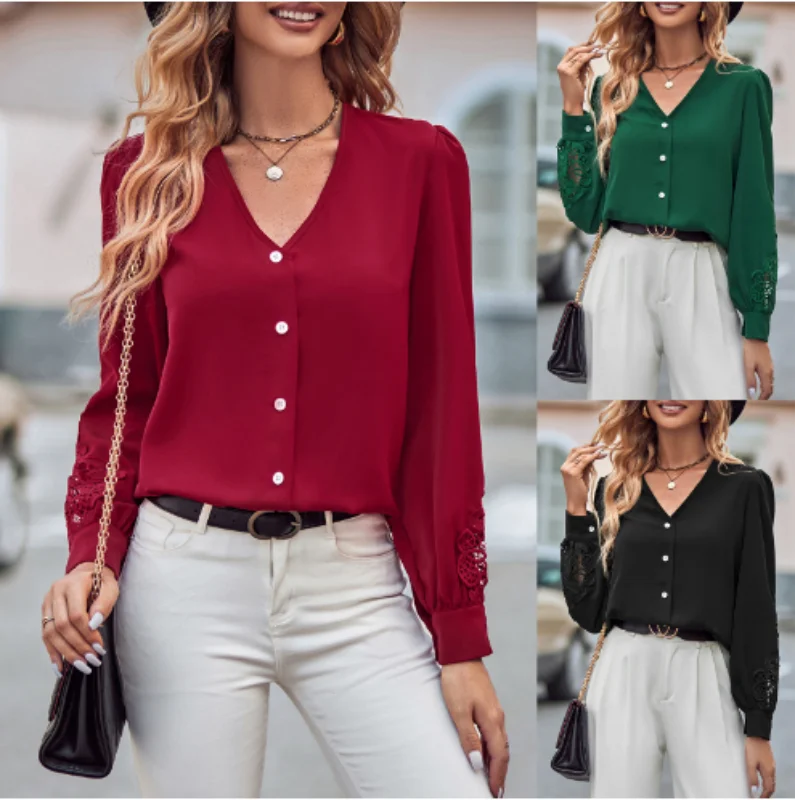 

Женская рубашка с v-образным вырезом и длинным рукавом, приталенная блузка с кружевной отделкой, однорядные пуговицы, повседневная офисная рубашка