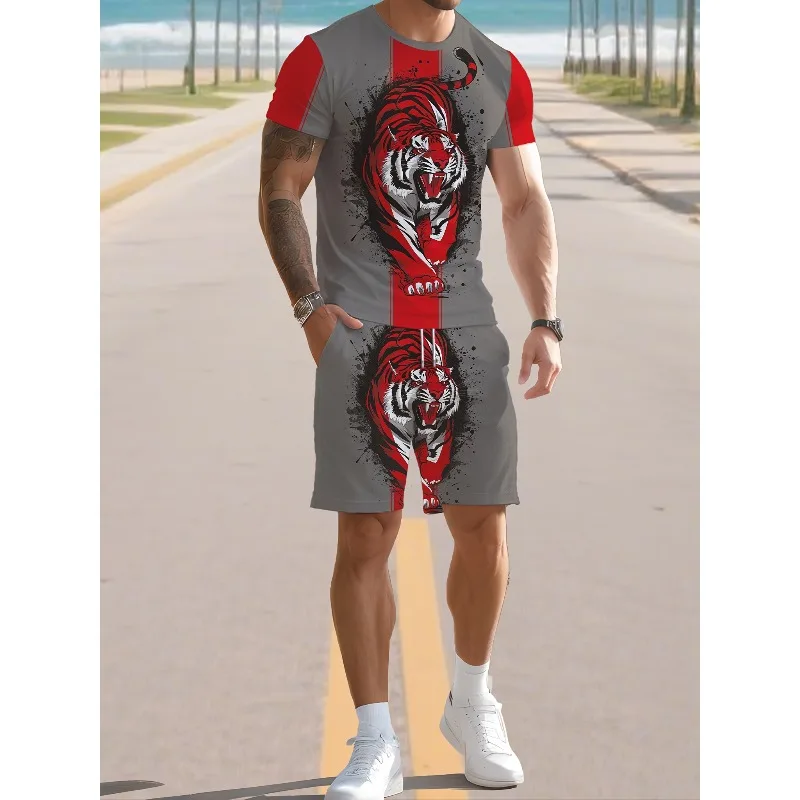2025 Summer New Trend 3D Digital Printing Casual Round Neck Short Sleeve Shorts Set Retro Men's Fashion T-shirt Creative