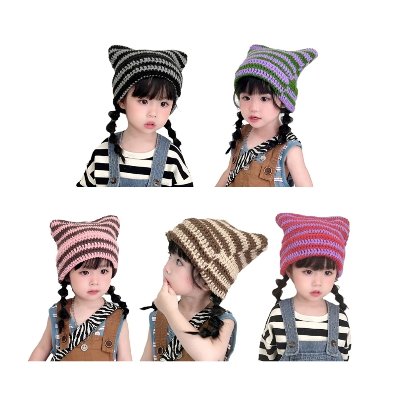 

F1CB Stylish Children's Knit Hat with Devil Ears Fashionable Winter Warm & Comfortable Hat for Kids 3-15 Years Old