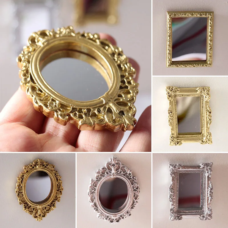 Vintage Mini Mirror Model Gold Silver 1:12 Classic Resin Crown Mirror Photo Frame Dollhouse Miniature Mirror Decor Accessories