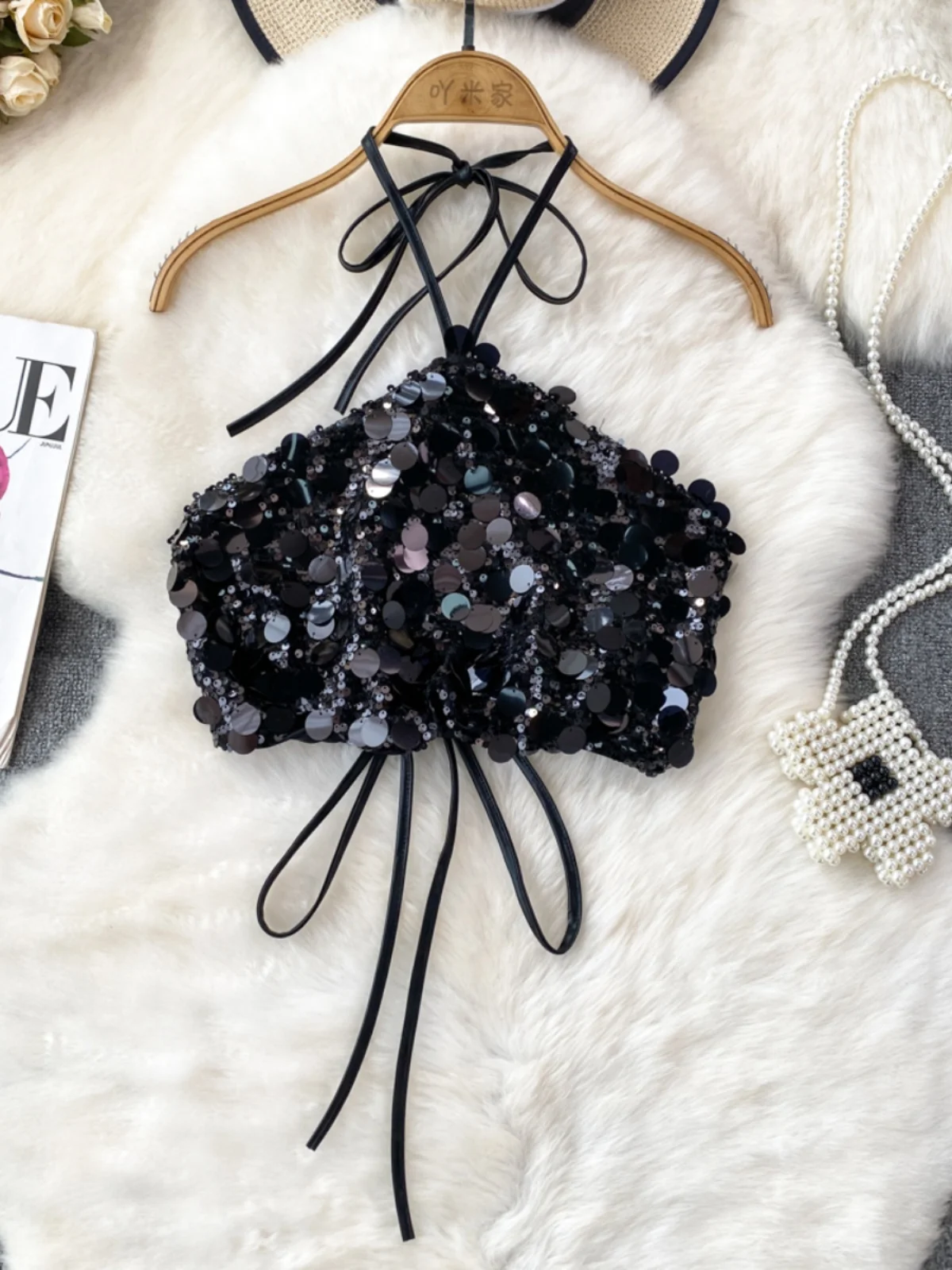 Sexy Silver Sequin Halter Top Women's  Back Vest Heavy Industry Blingbling Neck Hanging Strap Short Style Commute Wind