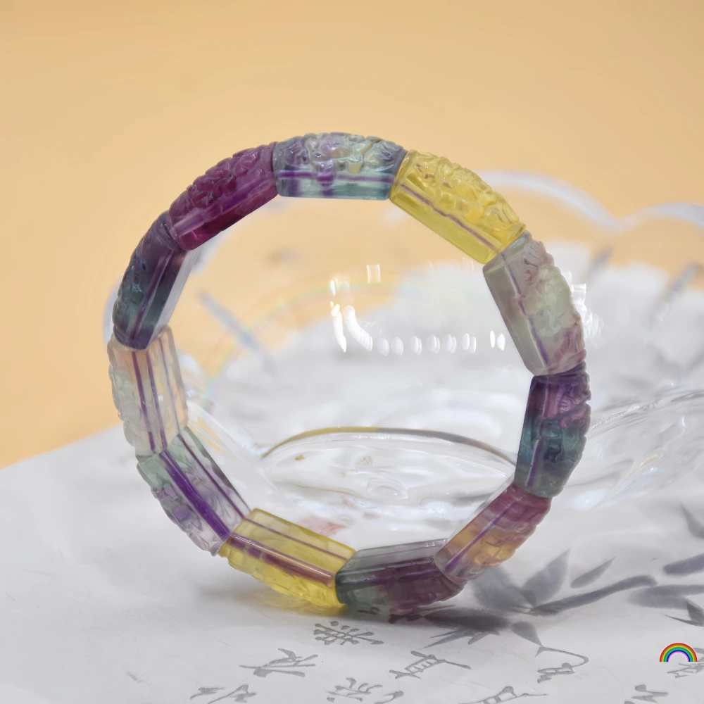 

Natural Rainbow Fluorite Handmade Carving Lotus Beads Colorful Fluorite Fashion Small Fresh Simple Women's Handstring Rwbuy