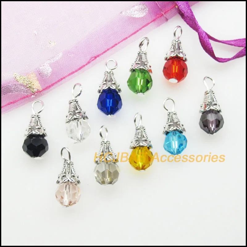 20 New Cone Flower Charms Mixed Crystal Round Faceted Beads Pendants Antique Silver Color 8x16mm