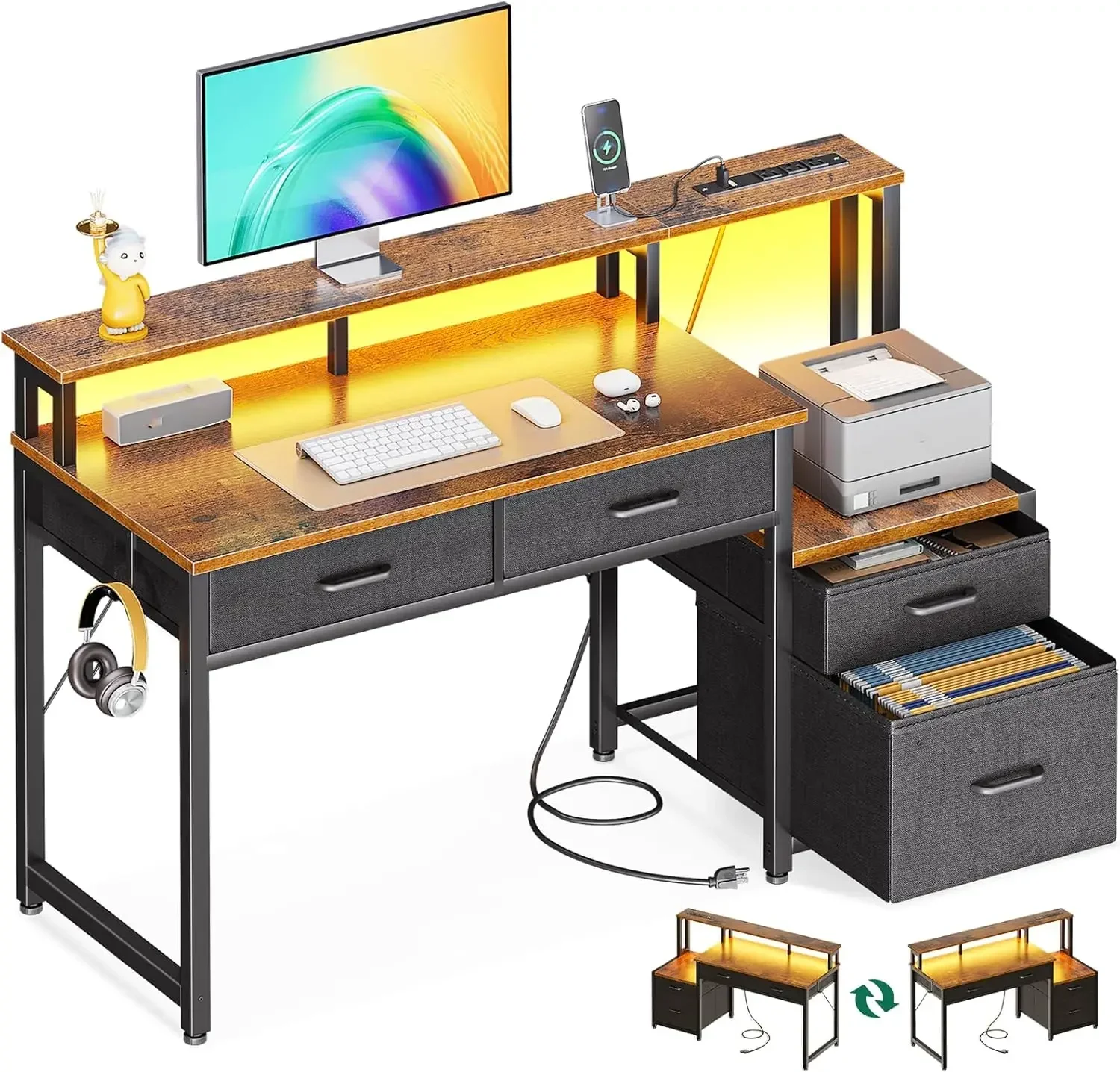 

48-Inch Computer Desk with Fabric File Cabinet and Fabric Drawers, Reversible Office Desk with LED