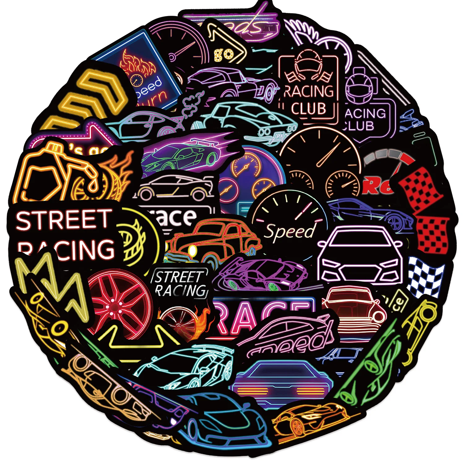 50PCS Racing Cartoon Stickers Neon Style Decals Cool Car Contest Graffiti DIY Kids Toys Cup Laptop Guitar Car Bike Decoration