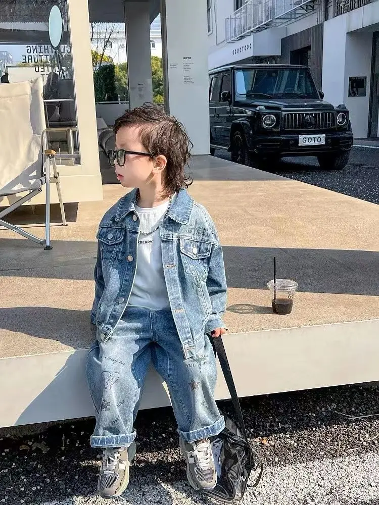 Baby Boys Denim Children Denim Coat Spring Autumn Kids Fashion Girls Jean casual Letter Blue Jacket+Pants 2Pcs Set Streetwear