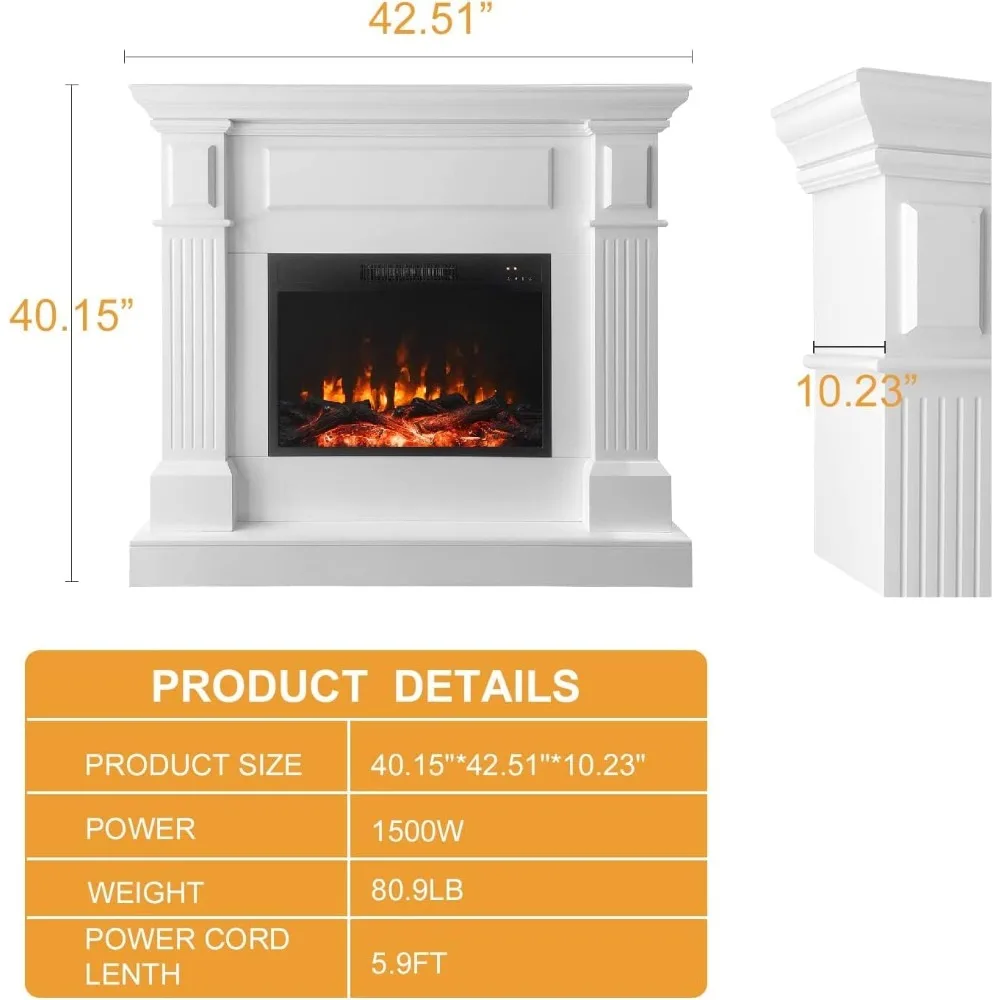 Electric Fireplace with Mantel, Tall Fire Place Heater Freestanding with Remote Control Timer LED Flame for Living Room, White