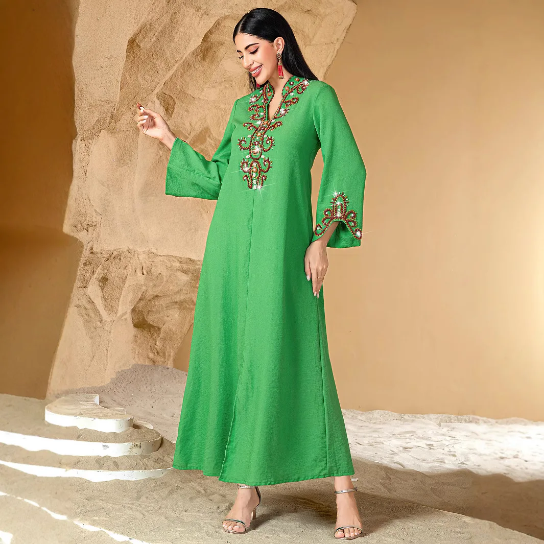 

Women's Green Solid Color Elegant Luxury Beading V-neck Long Sleeve Ankle Length Dresses Middle East Arab Muslim Fashion Abaya