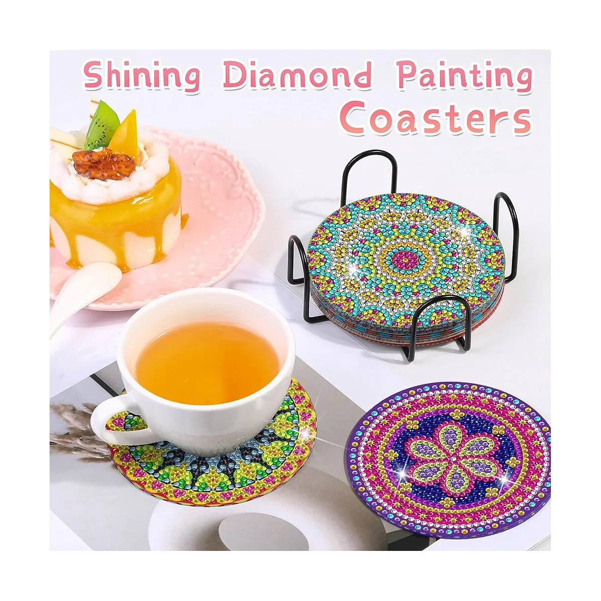 6 Pieces Coasters with Holder, DIY Diamond Art Coasters for Beginners, Kids and Adults Art Craft Supplies Gift