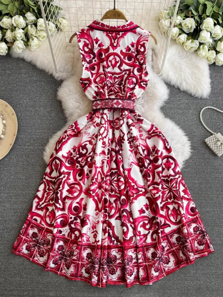 Hikigawa Chic Fashion Women Summer Vintage Turn Down Collar Sleeveless Dresses Belted Slim Waisat Blue White Print Vestidos