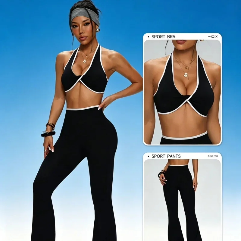 PMWRUN 2-Piece Yoga Set for Women High-Waist Flare Leggings with Tummy Control Contrast Color Sports Bra Gym Fitness Outfit
