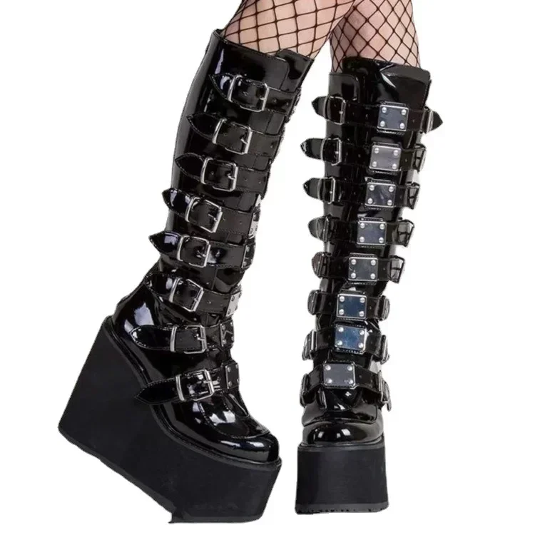 Stivali da donna punk Cosplay Ladies Zeppe con plateau con tacco alto Stivali alti da donna Stivali da donna in pelle a tubo lungo con cinturino con