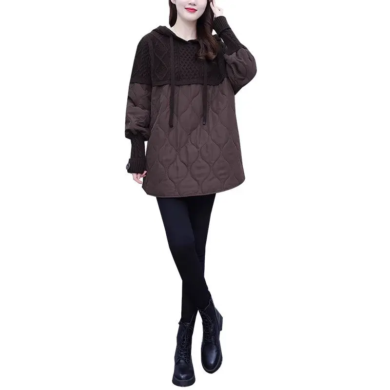 2023 Autumn Winter Women\'s Large Size Quilted Sweater Jacket Loose Fashion Versatile Knitted Splice Thickened Bottom Shirt z2983