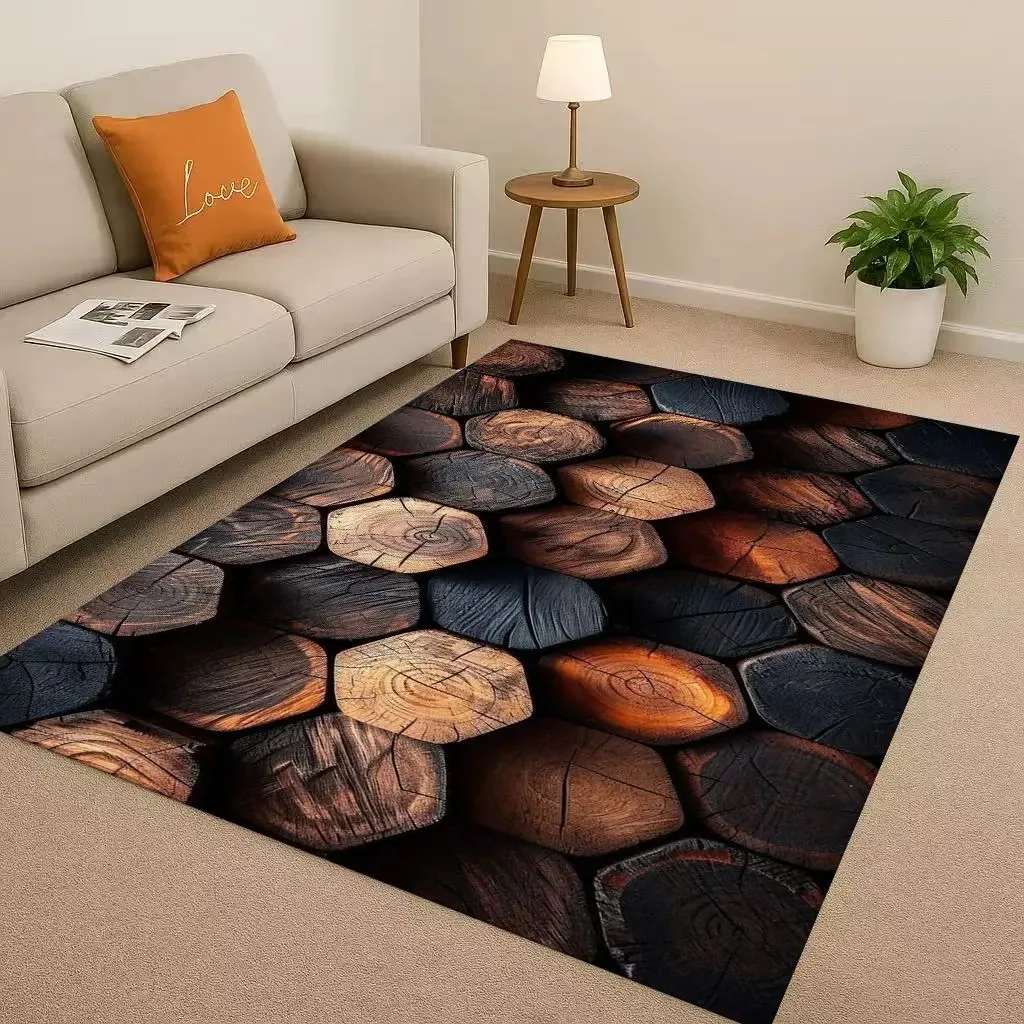 سجادة من الخشب السداسي الريفي مع تصميم سجل ثلاثي الأبعاد لغرفة المعيشة أو غرفة النوم أو المكتب - سجادة أرضية ذات ملمس خشبي طبيعي