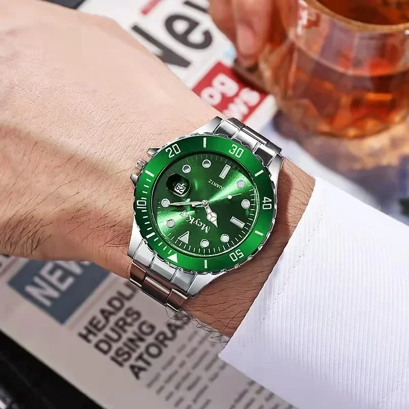 High Quality Fashion Business High Quality Men's Luxury Brand Steel Band Quartz Watch Men's Green Classic Luxury Clock Retro