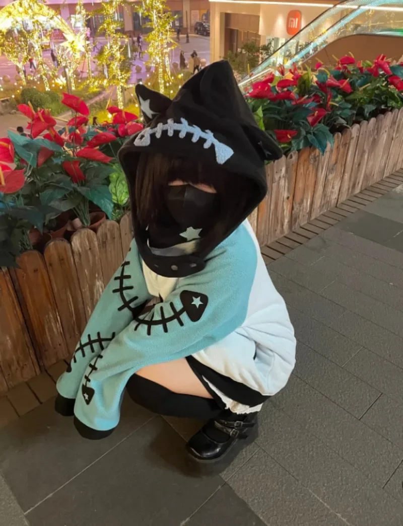 Damska bluza z kapturem w stylu japońskich kocich uszu, rybia ość, subkultura vintage Y2k Harajuku punk, oversize, słodki kardigan, rozpinana bluza na zamek.