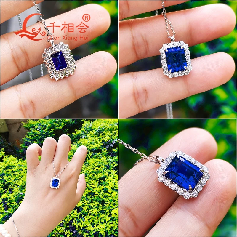 S925 الفضة الزمرد 3ct 7x9 مللي متر الأزرق الملكي/عبادة الذرة الأزرق مختبر الياقوت مع تشملات مويسانيتي حجر دلاية مجوهرات قلادة