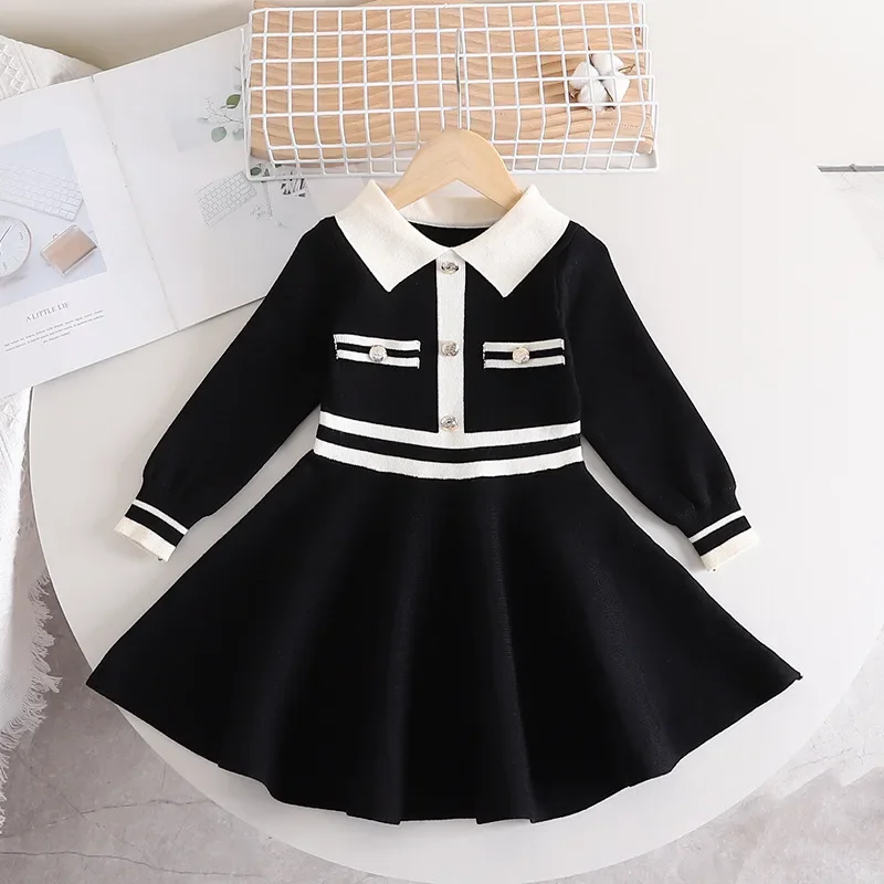 Children\'s Dresses Lapel Dress Stylish Slim-fit Sweater Dress Knitted Sweater Toddler Girl Winter Clothes Kids Knitwear