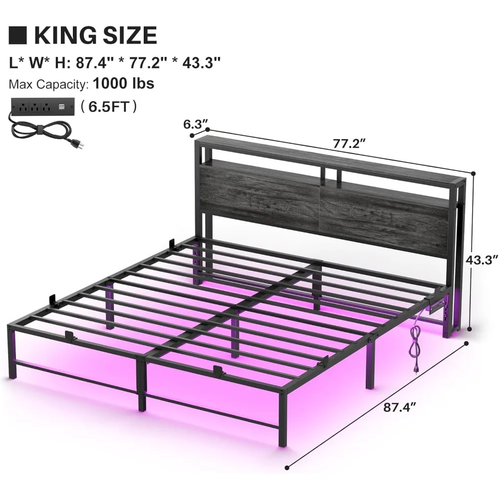 Bed Frame with headboard, Metal Platform Bed with LED Lights and Charging Station, Solid Foundation with Metal Slat Support