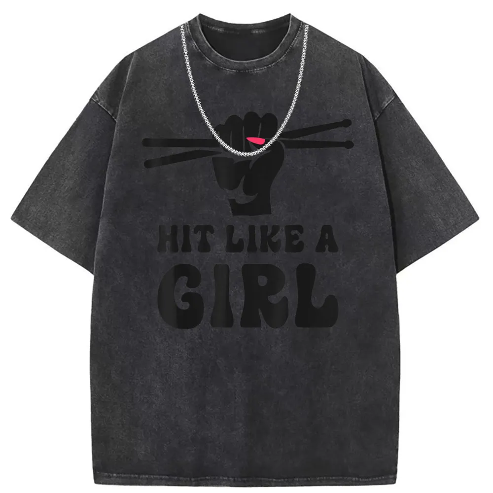 Drum Hit Like A Girl Men Vintage Cotton T-shirts Unisex New Arrival Sweatshirts Long Sleeve Tee Shirts Man Party Retro Tshirts