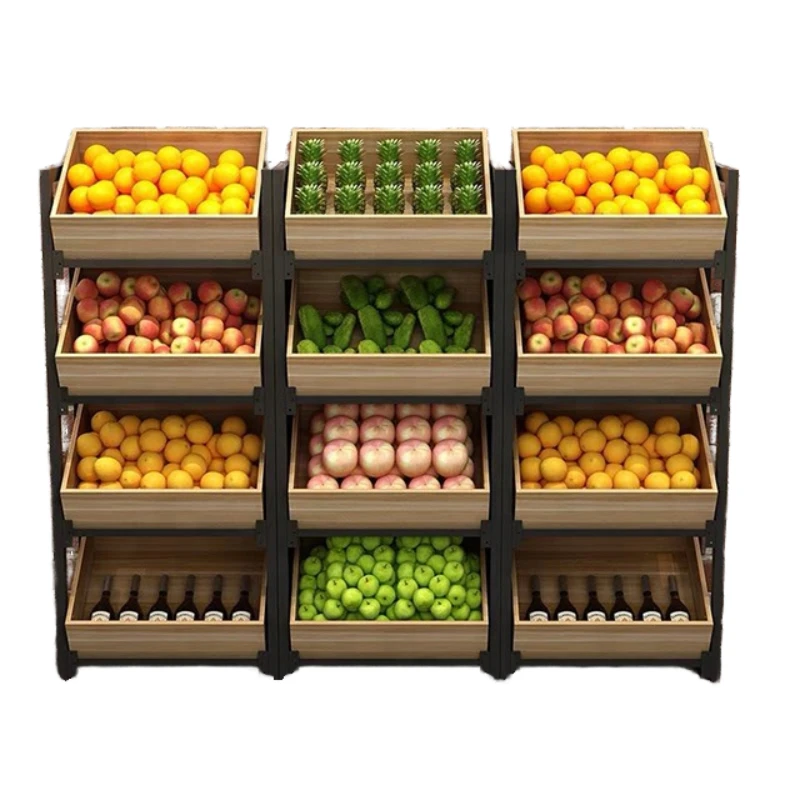 

Supermarket Heavy Duty 4-Layer Wooden Display Rack Metallic Stand for Fruits and Vegetables OEM Supplier