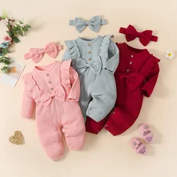 Infant Baby Girls Romper Newborn Baby Girl Clothes Solid Color Ribbed Jumpsuit with Headband 2PCS Outfits