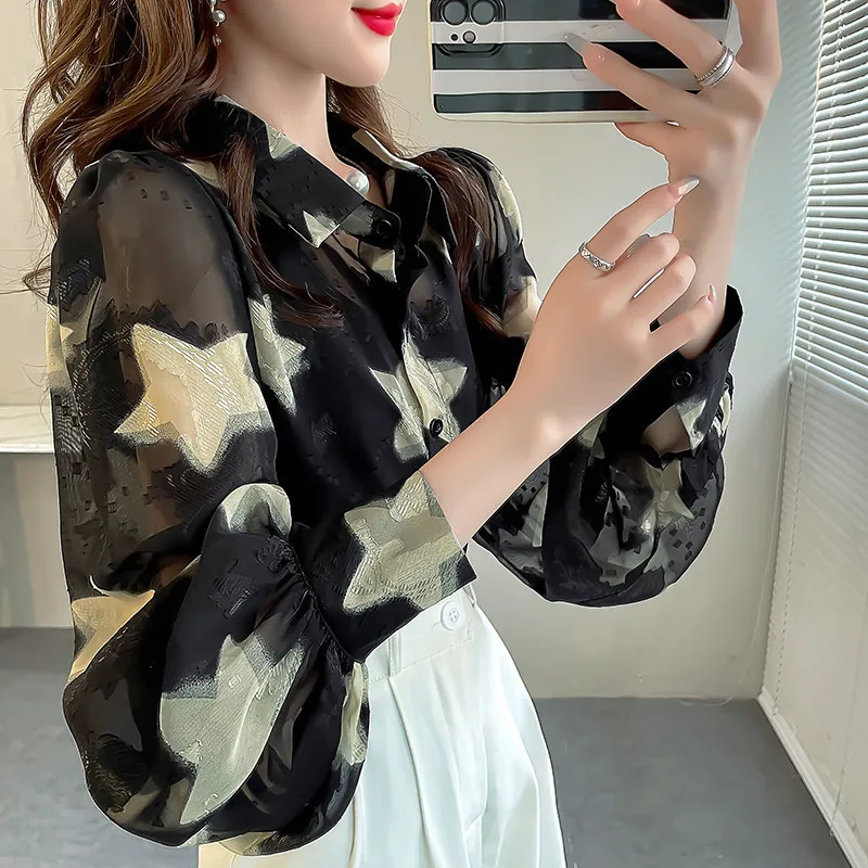 Spring Summer New Fashion Little Star Print Shirts Women Elegant Chic Polo-neck Lantern Sleeve Blouses Casual Loose Chiffon Tops