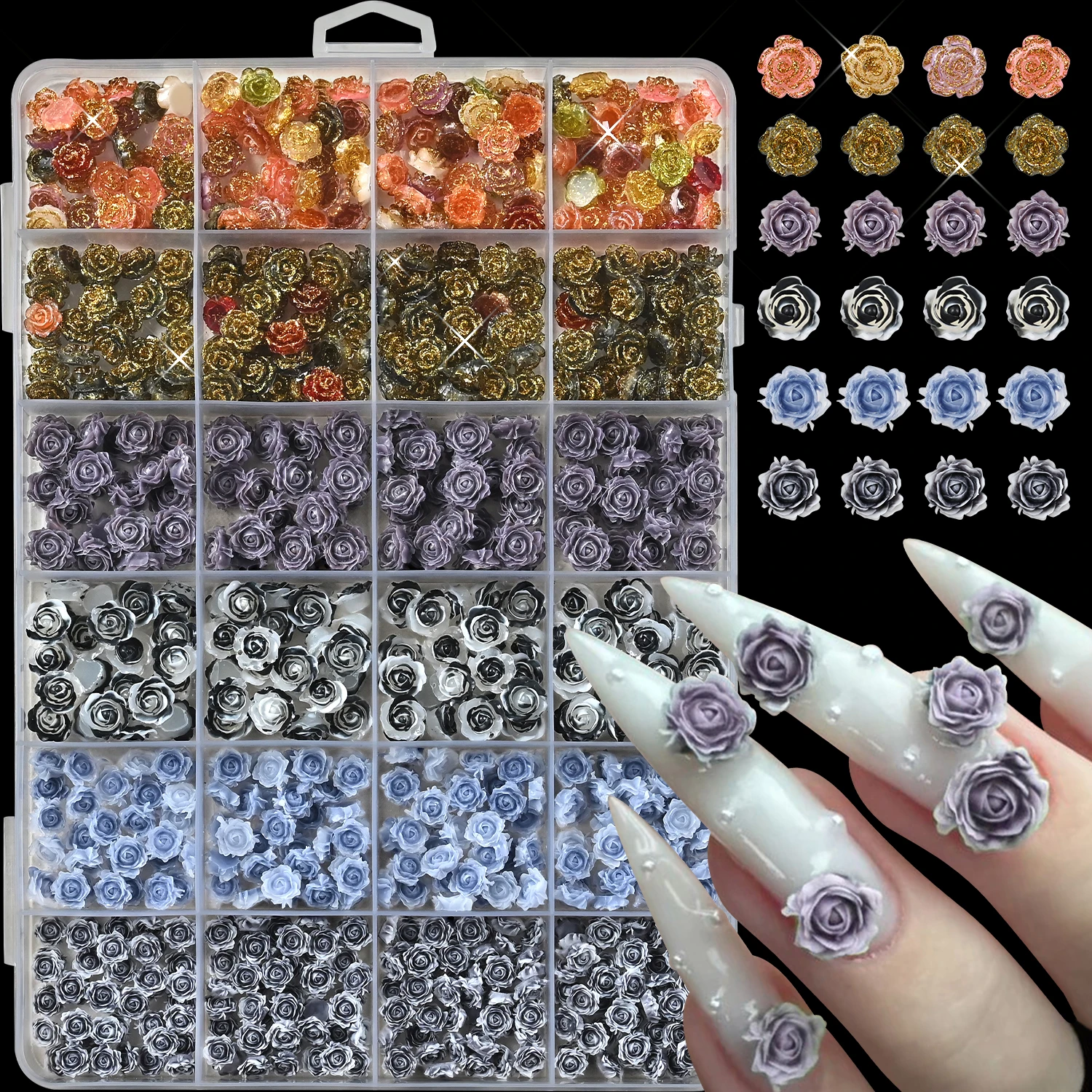 1Box 3D Rose Nail Charms Mixed Color Resin Flower Nail Decoration Glitter Gradient Rose Nail Gems for DIY Manicure Salon & Daily