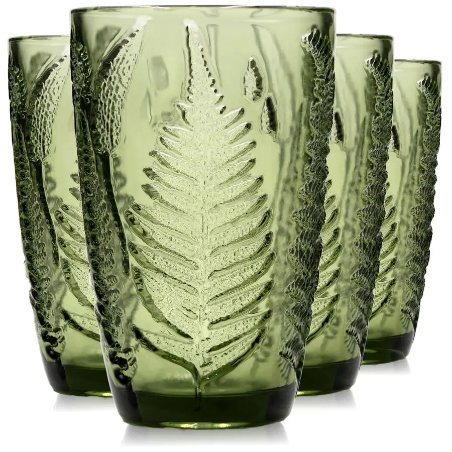 

Набор стаканов для питья из 4 штук, винтажные стаканы для питья ручного прессования на 12 унций, антикварная посуда с глубокой текстурой, тисненая папоротник Highball T