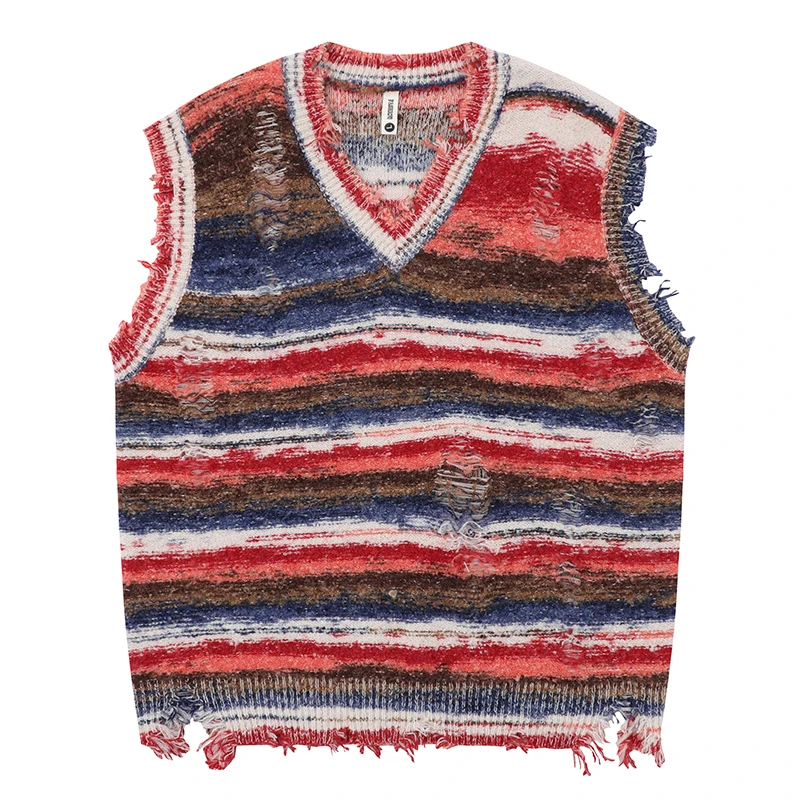 

Autumn Men Sleeveless Knitted Jumper Sweaters Hip Hop Ripped Striped Knitwear Vests Streetwear Harajuku Fashion Casual Pullovers