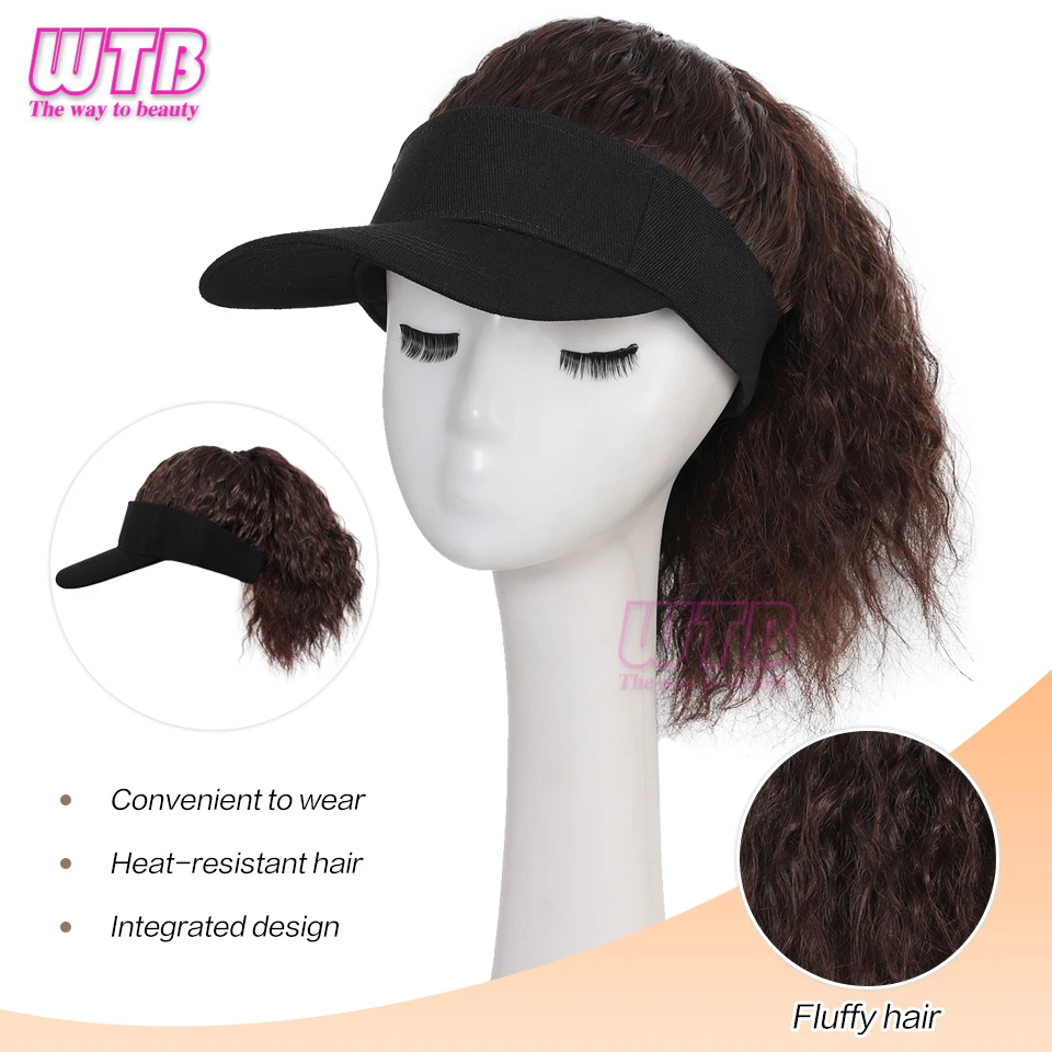 WTB peruca chapéu com rabo de cavalo feminino, boné de beisebol, cabelo encaracolado fofo