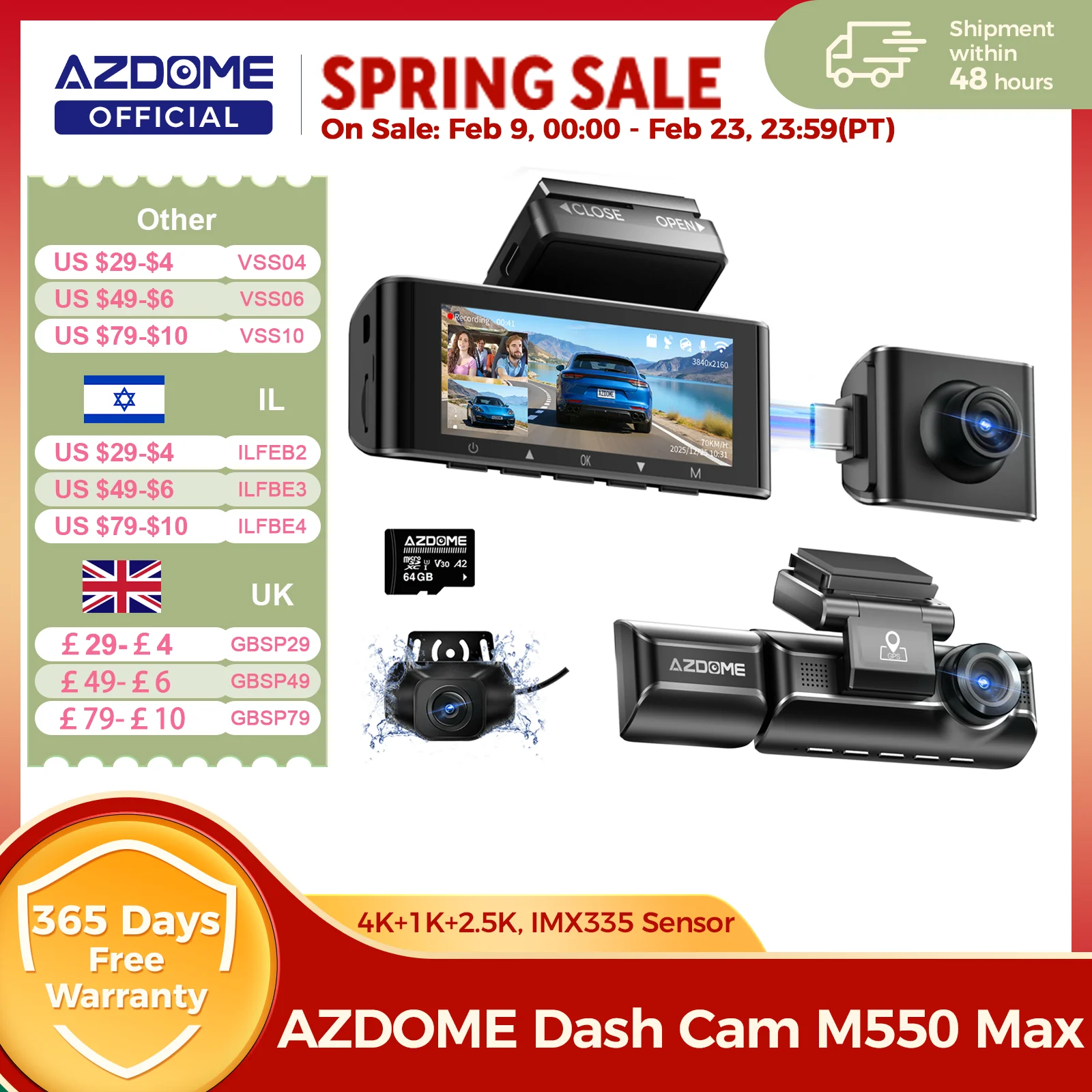 AZDOME 4K 대시 캠 M550 Max 내장 GPS Wifi 카메라 자동차 DVR 3.18" 화면 야간 투시경 24H 주차...
