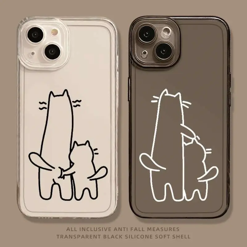 

Funny Long Cat Couple Transparent Phone Case For iPhone 16 15 11 12 14 13 Pro Max Mini X XSMax XR 7 8 Plus SE4 16e Silica Covers