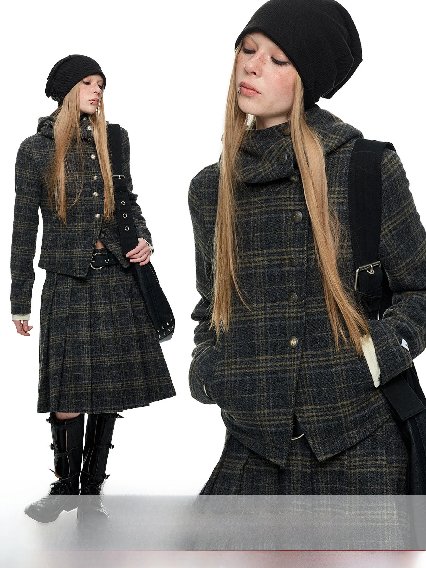 

JIKOO Early Korean Style Woolen Plaid Asymmetrical Hooded Short Jacket Skirt Set Spring Casual Fashion Women's Ensemble