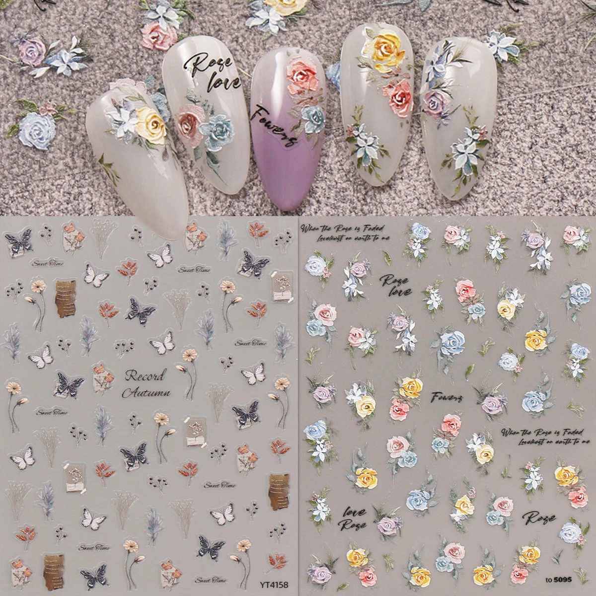 2pcs vintage rose butterfly embossed nail art stickers, artistic nail art decals, easy to apply nail decoration, DIY, gift, part