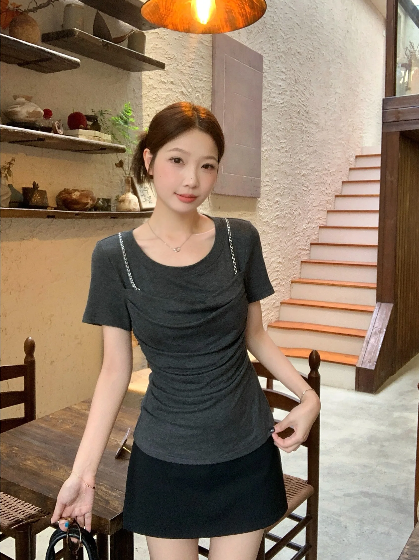 

plus Size Women's round Neck Short Sleeve T-Shirt Slimming Waist Pleated Stylish Top Korean Style Commute Pure Color Summer New